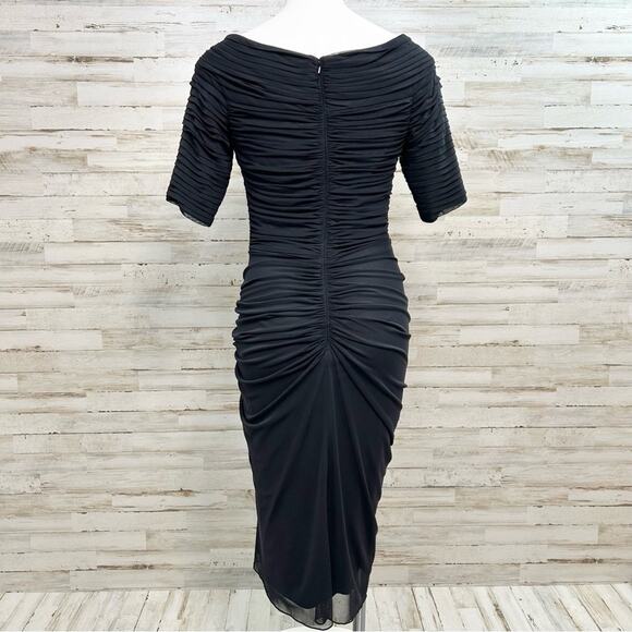 Tadashi Shoji Bandage Mesh Ruched Cocktail Dress Size S Black Asymmetrical Neck - Picture 10 of 16